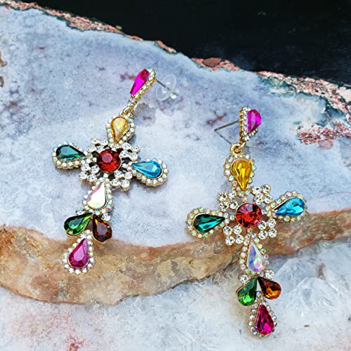 Stunning Crystal Rhinestone Embellished Statement Cross Hypoallergenic Post Back Dangle Earrings (3.25", Multicolored Rainbow Crystal Gold Tone)