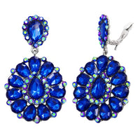 Dramatic Teardrop Crystals Long Shoulder Duster Clip On Style Earrings, 3.5" (Royal Sapphire Blue Silver Tone)