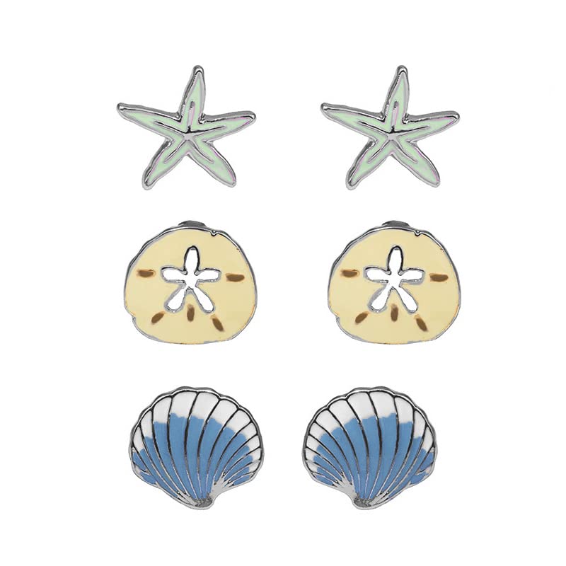 Rosemarie Collections Women's Beach Stud Earrings Set of 3 Starfish Sand Dollar Shell (Silver Tone Enamel Shells)