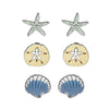 Rosemarie Collections Women's Beach Stud Earrings Set of 3 Starfish Sand Dollar Shell (Silver Tone Enamel Shells)