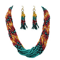 Vibrant Multi-Strand Cascading Seed Bead Statement Bohemian Necklace And Fringe Earrings Set, 16"+3" Extender