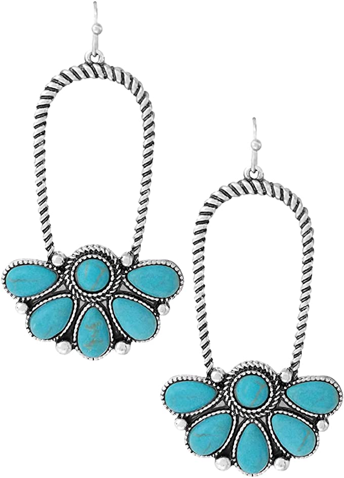 Chic Western Style Burnished Silver Tone Textured Rope With Semi Precious Howlite Stone Earrings, 2.62" (Turquoise Blue)