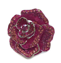 Stunning Pave Crystal Rhinestone Rose Flower Statement Stretch Cocktail Ring, 2" (Fuchsia Pink With Silver Tone Band)