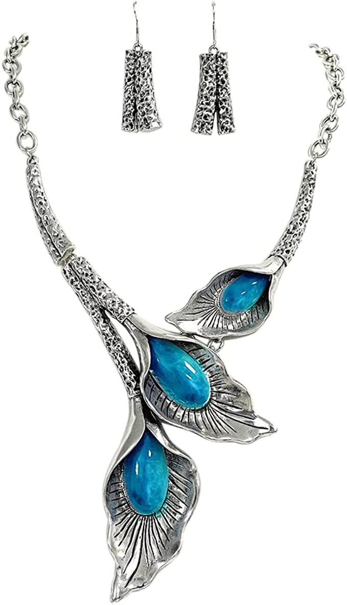 Stunning 3D Silver Tone Metal Calla Lily Flower With Blue Resin Necklace Earrings Set, 18”+2” Extension