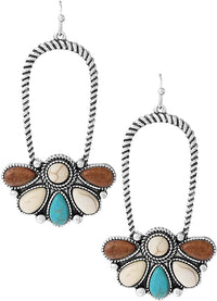 Chic Western Style Burnished Silver Tone Textured Rope With Semi Precious Howlite Stone Earrings, 2.62" (Brown Turquoise And Natural White)