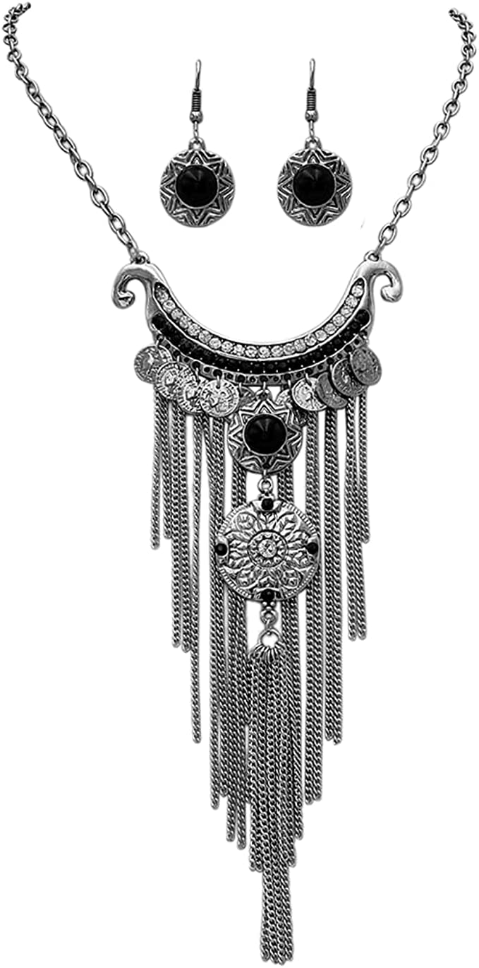 Stunning Silver Tone With Black Howlite Stone Gypsy Disc Coin And Fringe Statement Bib Necklace Drop Earrings Jewelry, 16"+ 3” Extender