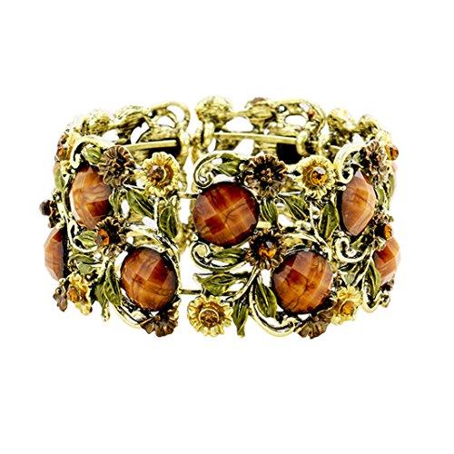 Stone Flower Leaf Cluster Wide Cuff Bracelet (Antique Gold Tone/Brown)
