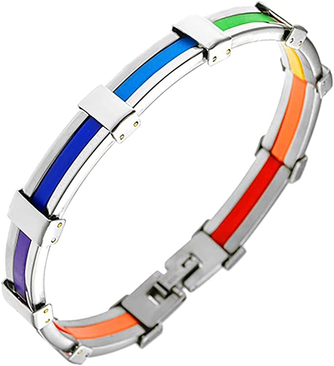 Men's Stylish Stainless Steel With Rainbow Pride Color Links Bracelet, 7.5"