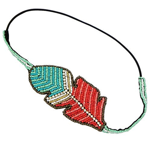 Western Chic Vibrant Turquoise And Coral Seed Bead Feather Stretch Fashion Headband
