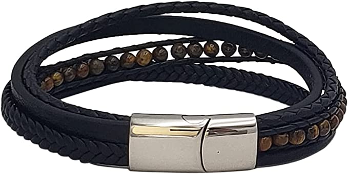 Men's Stylish Multi Strand Black Leather Straps With Tigers Eye Bead And Stainless Steel Magnetic Clasp Bracelet, 8.5"