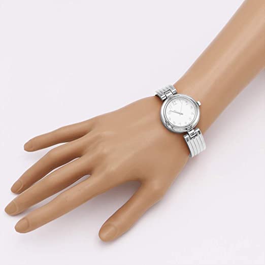Chic And Stylish Round Face Polished Metal With Textured Stripe Cuff Band Bracelet Watch, 6.5" (Silver Tone)