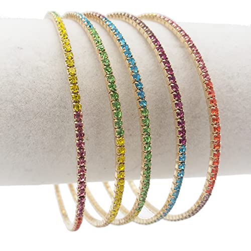 Dainty Multi-Colored Rainbow Crystal Rhinestone Flexible Wire Bangle Bracelets Set of 5, 8"