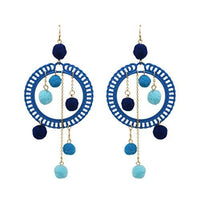 Fuzzy Pom Pom Hoop Statement Earrings (Blue) Long Length 4.5"