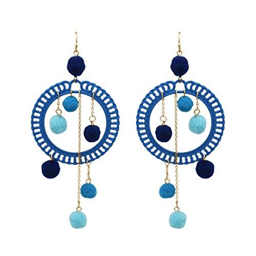 Fuzzy Pom Pom Hoop Statement Earrings (Blue) Long Length 4.5"