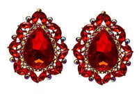 Statement Vintage Style Dramatic Teardrop Crystal Clip On Style Earrings, 1.75" (Red Crystal Gold Tone)