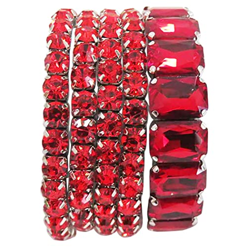 Stunning Statement Set Of 5 Colorful Crystal Rhinestone Stretch Bracelets, 6.75" (Red Crystal Silver Tone)