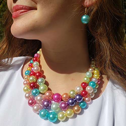 Colorful Multi Strand Simulated Pearl Necklace And Earrings Jewelry Gift Set, 18"+3" Extender (Rainbow Mix Gold Tone)