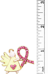 Charming Pink Ribbon Crystal Rhinestone Angel Lapel Pin Brooch, 1" (Light Yellow Gold Tone)
