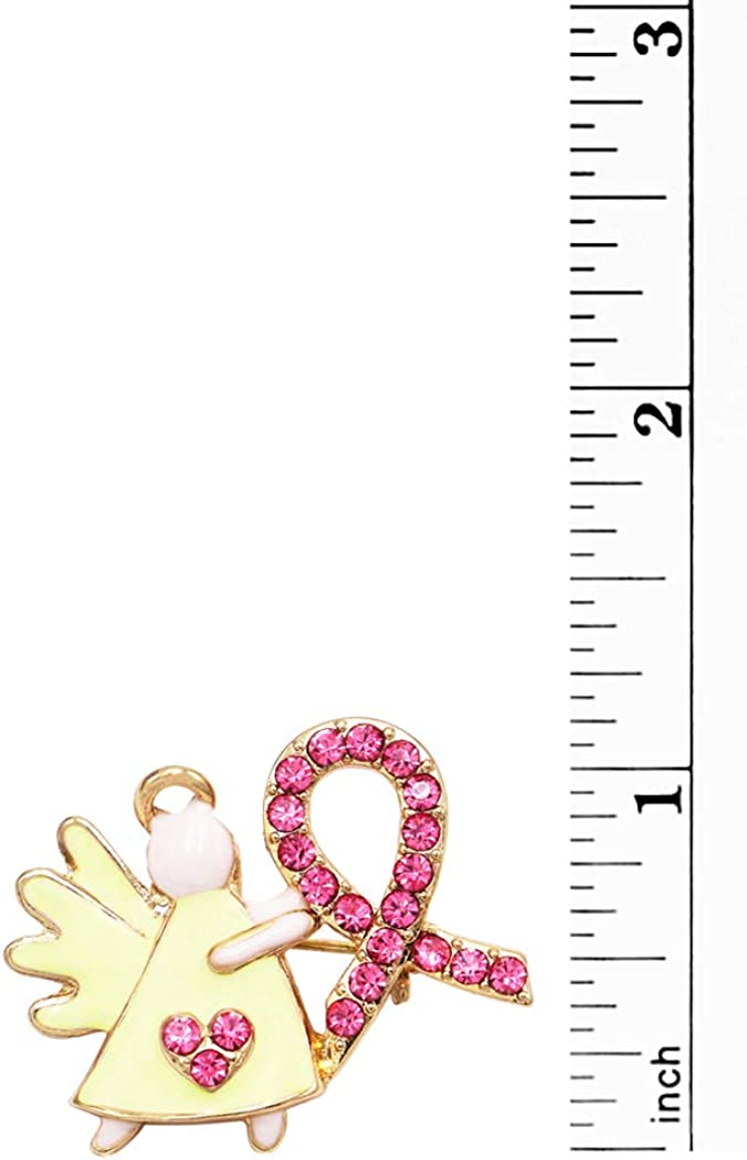 Charming Pink Ribbon Crystal Rhinestone Angel Lapel Pin Brooch, 1" (Light Yellow Gold Tone)