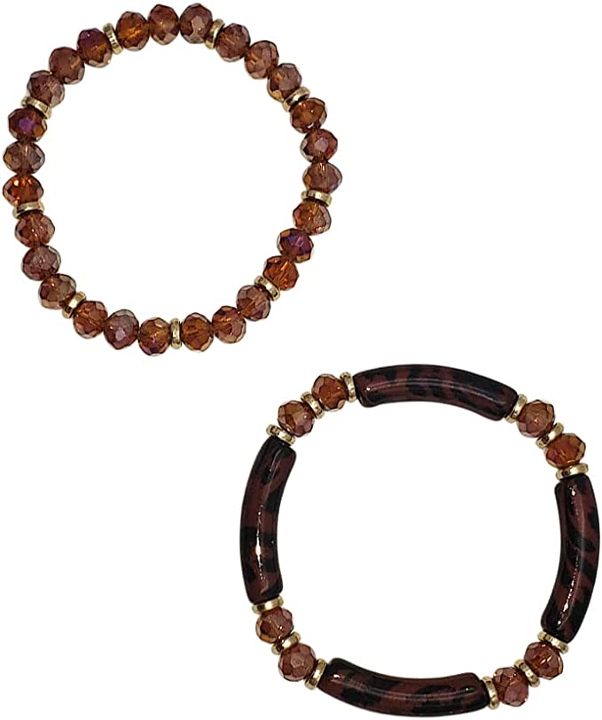 Stunning Set Of 2 Acrylic Bamboo Tube And Faceted Glass Crystal Bead Stacking Stretch Bangle Bracelets, 6.5" (Tortoise Shell Brown)