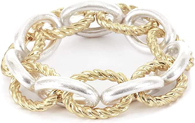 Stunning Two Tone Matte Metal Intertwined Chunky Cable Link Chain Stretch Bracelet, 6.5"