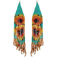 Stunning Extra Long Sunflower And Fringe Seed Bead Shoulder Duster Statement Earrings, 8"