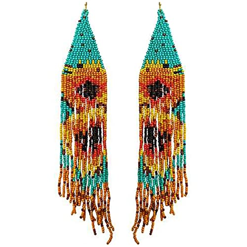 Stunning Extra Long Sunflower And Fringe Seed Bead Shoulder Duster Statement Earrings, 8"