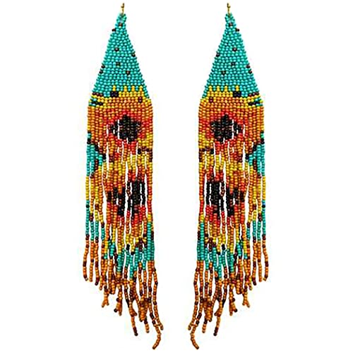 Stunning Extra Long Sunflower And Fringe Seed Bead Shoulder Duster Statement Earrings, 8"