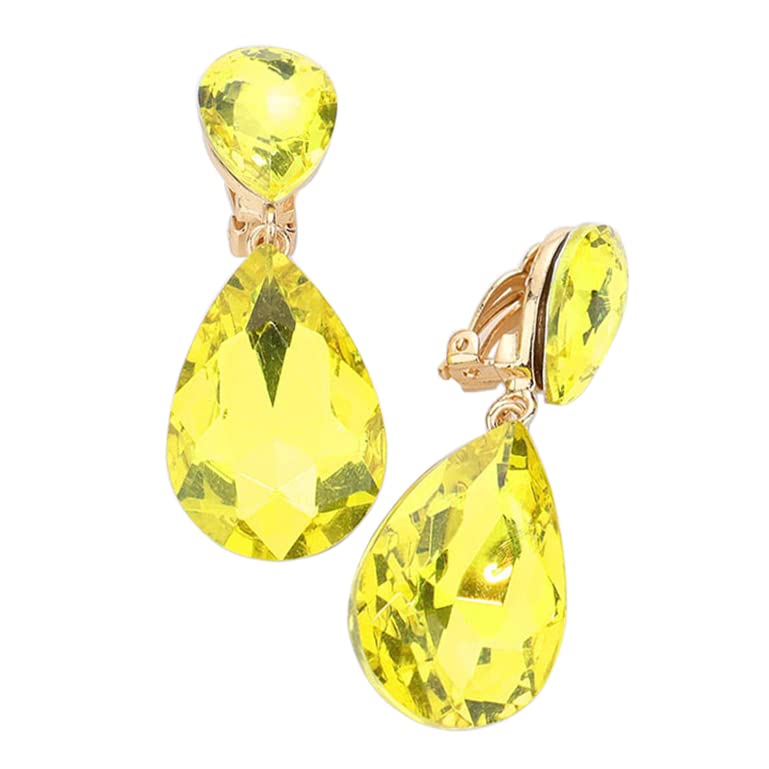 Double Teardrop Statement Glass Crystal Dangle Clip On Bridal Earrings, 2" (Yellow Crystal Gold Tone)