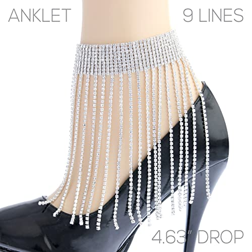 Stunning Silver Tone 9 Row Crystal Ankle Bracelet With Rhinestone Fringe Anklet, 8"+2.5" Extender