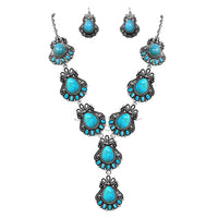 Stunning Statement Vintage Western Style Semi Precious Turquoise Howlite Stone Y-Drop Necklace Earring Gift Set, 24"+3" Extender