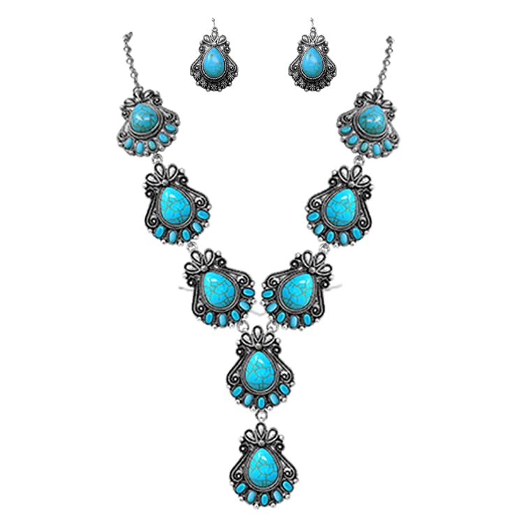 Stunning Statement Vintage Western Style Semi Precious Turquoise Howlite Stone Y-Drop Necklace Earring Gift Set, 24"+3" Extender