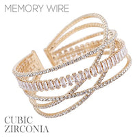 Stunning Cubic Zirconia Crystal Rhinestone Criss Cross Flexible Wire Cuff Bracelet, 2.5" (Double Cross With Baguette Clear Crystal Gold Tone)