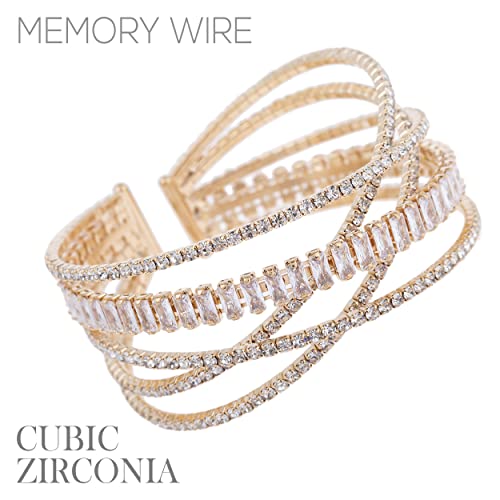Stunning Cubic Zirconia Crystal Rhinestone Criss Cross Flexible Wire Cuff Bracelet, 2.5" (Double Cross With Baguette Clear Crystal Gold Tone)