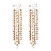 Sparkling Baguette Crystal Rhinestone Fringe Hypoallergenic Post Earrings (4.25", Gold Tone Clear Crystal)