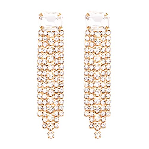 Sparkling Baguette Crystal Rhinestone Fringe Hypoallergenic Post Earrings (4.25", Gold Tone Clear Crystal)