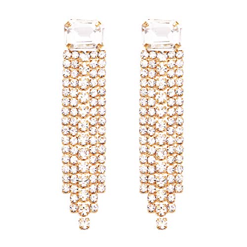 Sparkling Baguette Crystal Rhinestone Fringe Hypoallergenic Post Earrings (4.25", Gold Tone Clear Crystal)