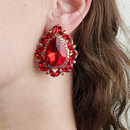 Statement Vintage Style Dramatic Teardrop Crystal Clip On Style Earrings, 1.75" (Red Crystal Gold Tone)