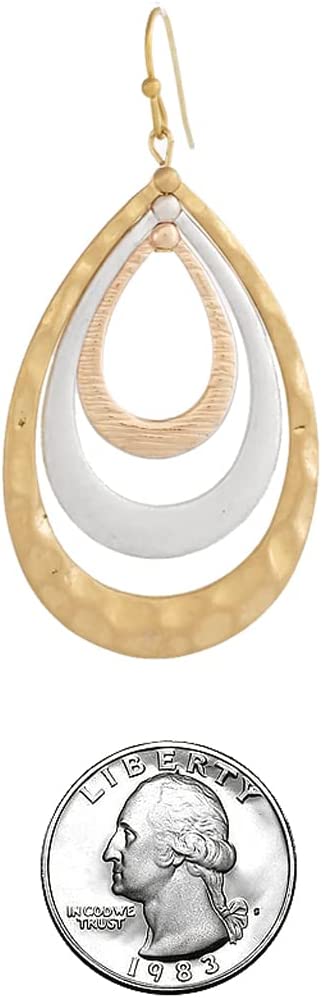 Chic Hammered Metal Geometric Triple Hoop Dangle Earrings, 2.25" (Matte Silver And Matte Gold)