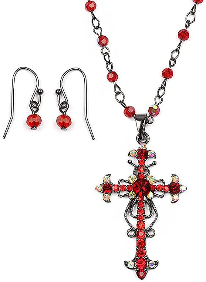 Stunning Vintage Vibes Crystal Rhinestone Christian Cross Pendant Necklace Earrings Set, 18"+3" Extender (Red Crystal Burnished Silver Tone)