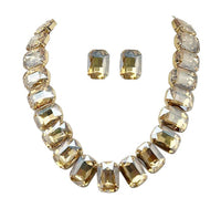 Stunning And Colorful Emerald Cut Crystal Rhinestone Statement Necklace Earrings Bridal Gift Set, 16.5"+3" Extender (Champagne Crystal Gold Tone)