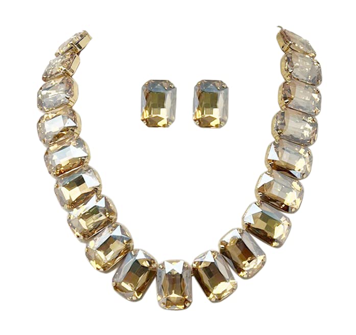 Stunning And Colorful Emerald Cut Crystal Rhinestone Statement Necklace Earrings Bridal Gift Set, 16.5"+3" Extender (Champagne Crystal Gold Tone)