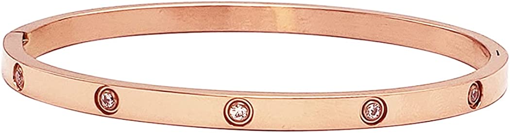 Chic And Stunning CZ Crystals In Stainless Steel Stackable Hinged Cuff Designer Bangle Bracelet, 6.5" (Rose Gold Round Stone)