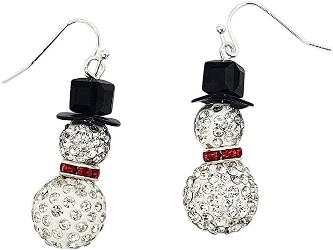 Glittering Decorative Pave Crystal Ball Wintertime Snowman Christmas Holiday Dangle Earrings, 1.75"