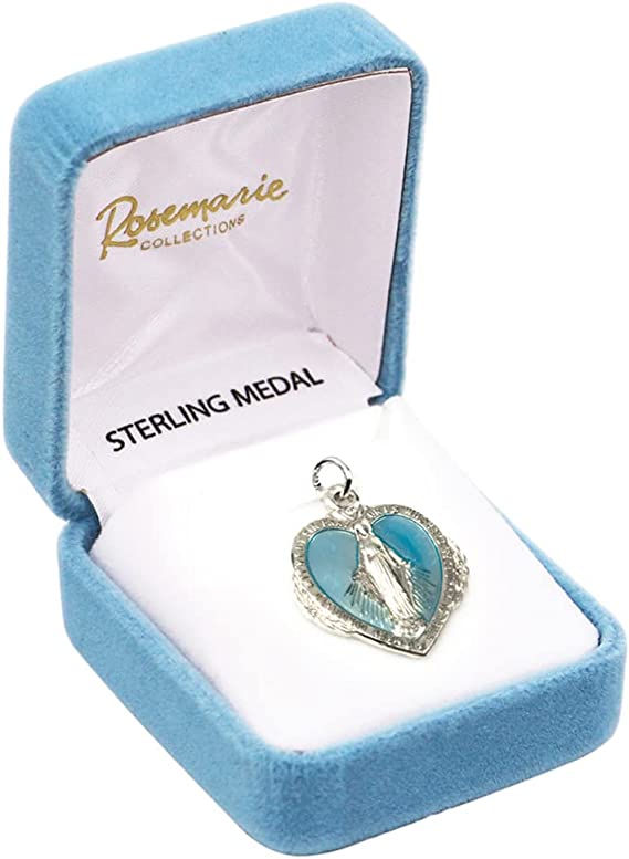Sterling Silver Blue Enameled Heart Shape Miraculous Medal of Mary Pendant Necklace, 20" Sterling Silver Box Chain