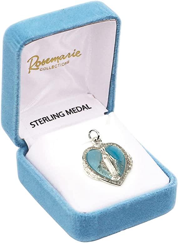 Sterling Silver Blue Enameled Heart Shape Miraculous Medal of Mary