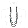 Chic Silver Tone Conchos On Extra Long Multi Strand Western Style Metallic Pearls With Howlite Beads Necklace Earrings Set, 30"+3" Extender (Neutral)
