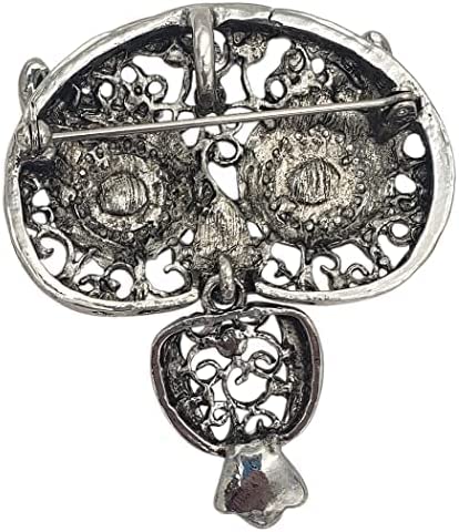 Vintage Style Metal Filigree With Crystal Accents Hootiful Wise Owl Brooch With Pendant Loop, 2.5" (Aged Silver Tone)