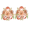 Stunning Crystal Teardrop And Pave Petals With Simulated Pearl Statement Flower Clip On Style Earrings, 1.75" (Peach Crystal Rose Gold Tone)