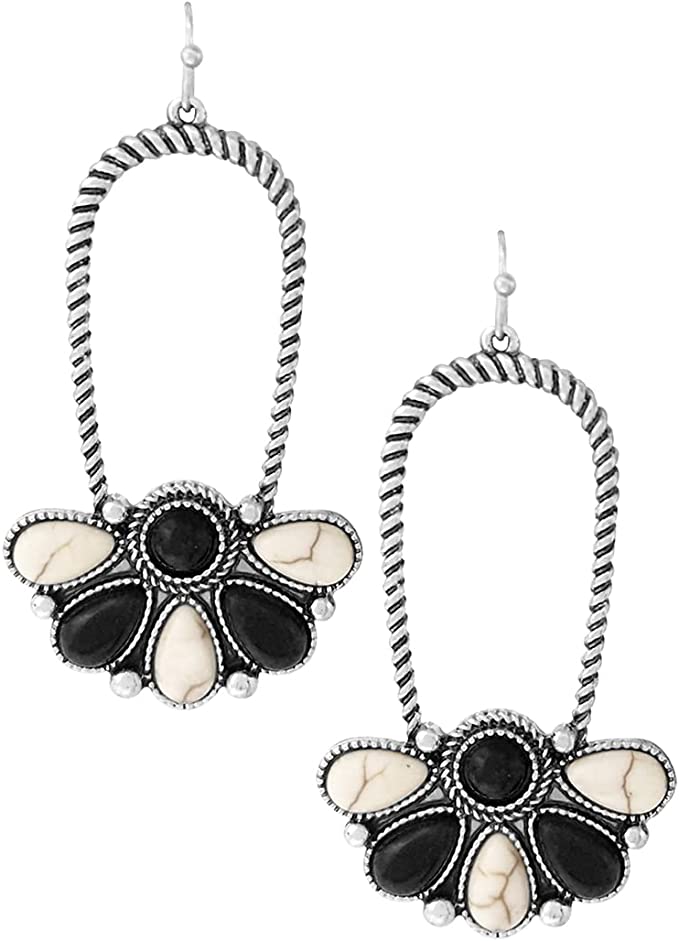 Chic Western Style Burnished Silver Tone Textured Rope With Semi Precious Howlite Stone Earrings, 2.62" (Black And Natural White)